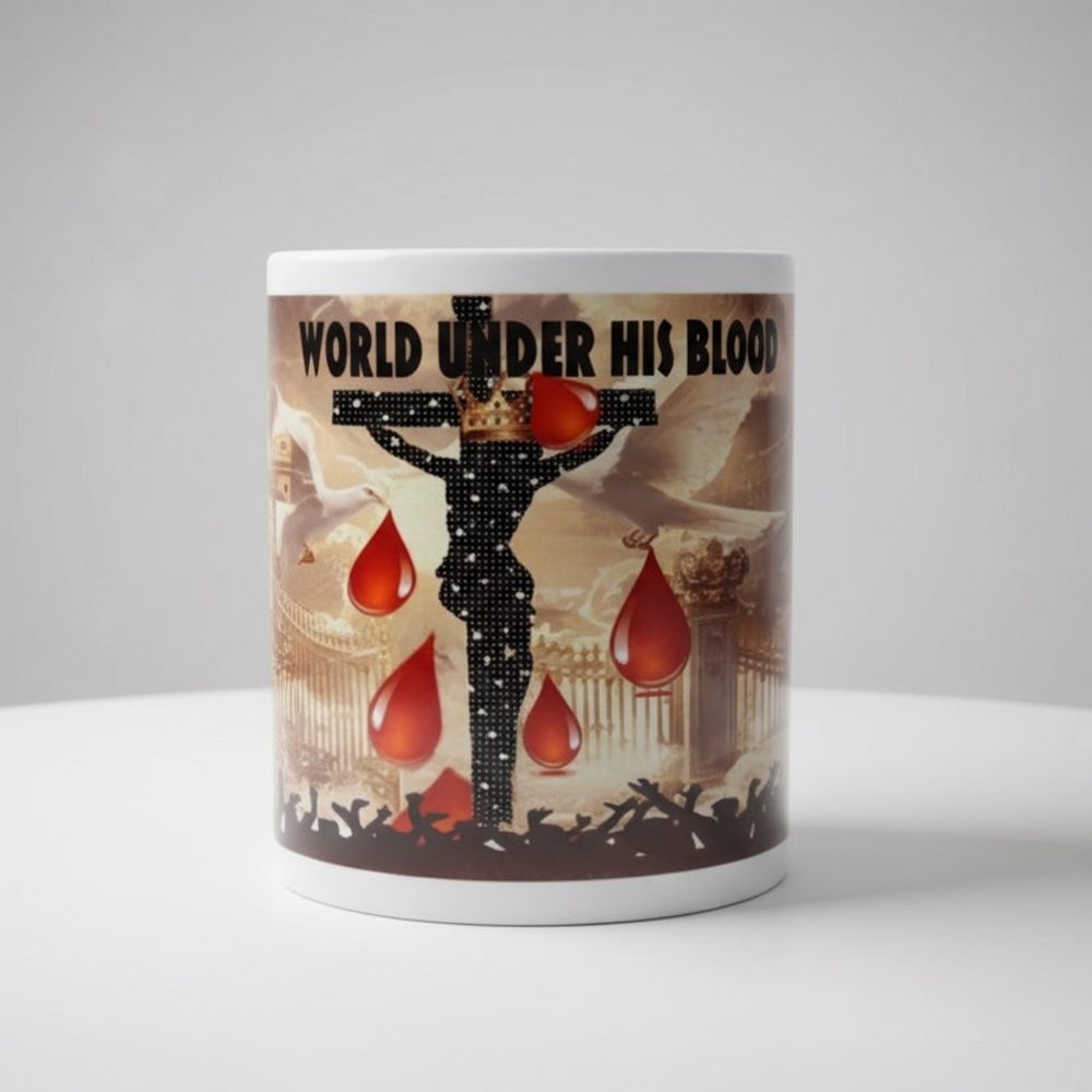 Religious Themed White Ceramic Mug with Red Accents